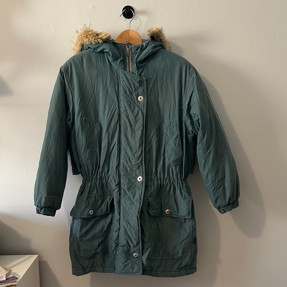 Vintage London Fog Aqua Hooded Parka with Removable Fur Trim